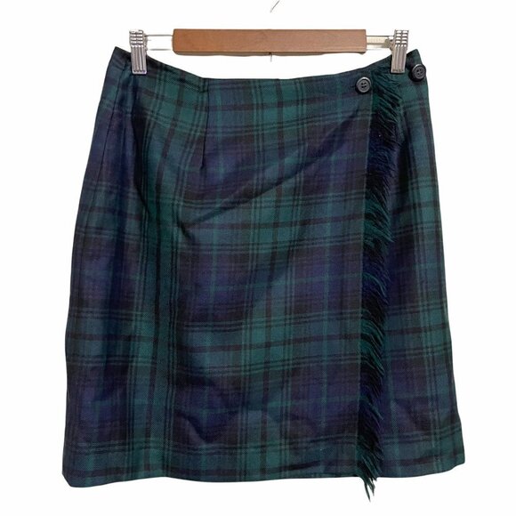 Vintage Women's 100% Worsted Wool Green Blue Plaid Frayed Hem Wrap Skirt Small - Picture 1 of 8